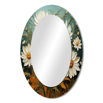 White And Teal Daisy Serenade II - Modern Oval Wall Mirror