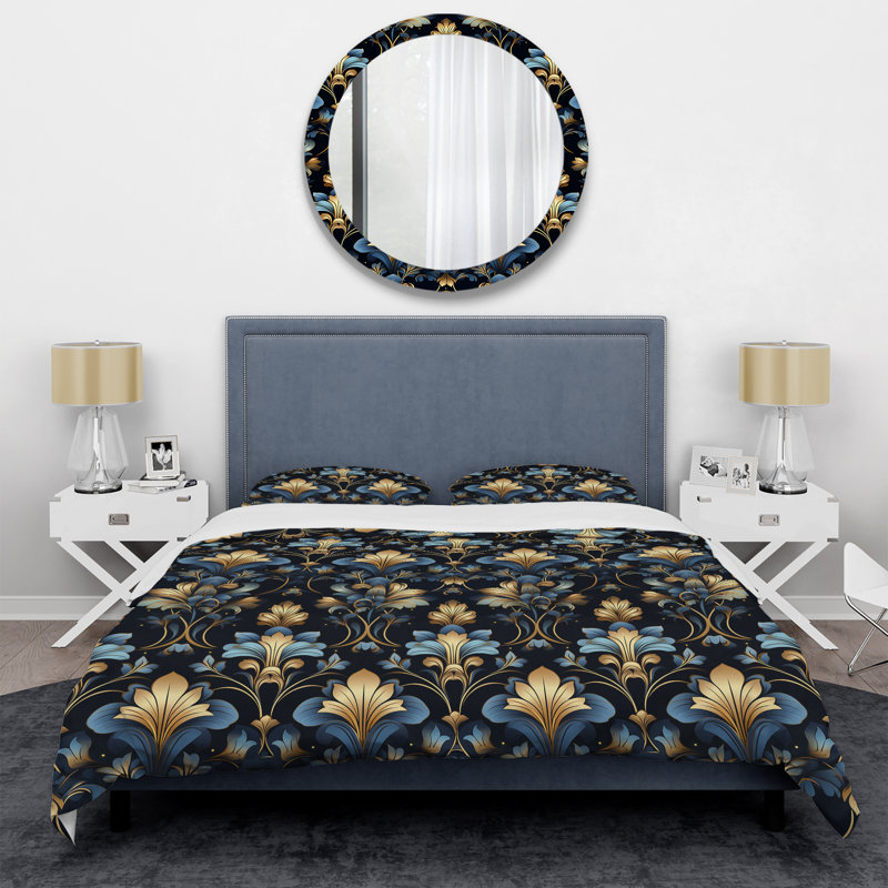 Gold And Blue Luxury Damask Pattern - Ikat Duvet Cover Set, Twin Duvet Cover + 1 Standard Sham