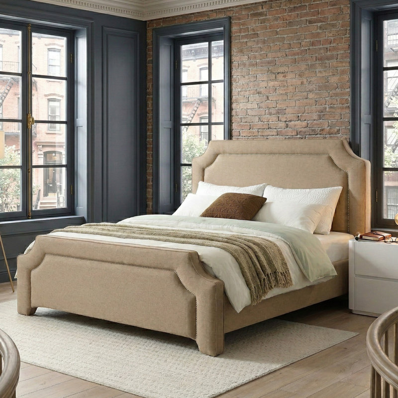 Elegant Upholstered Bed Frame With Nailhead Trim., King, Zuma Light Brown