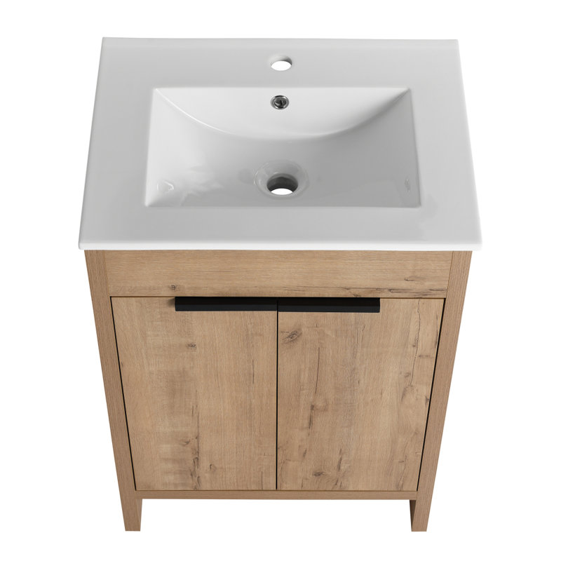 Meuble-lavabo autoportant avec lavabo en céramique, Imitation chêne, 24"