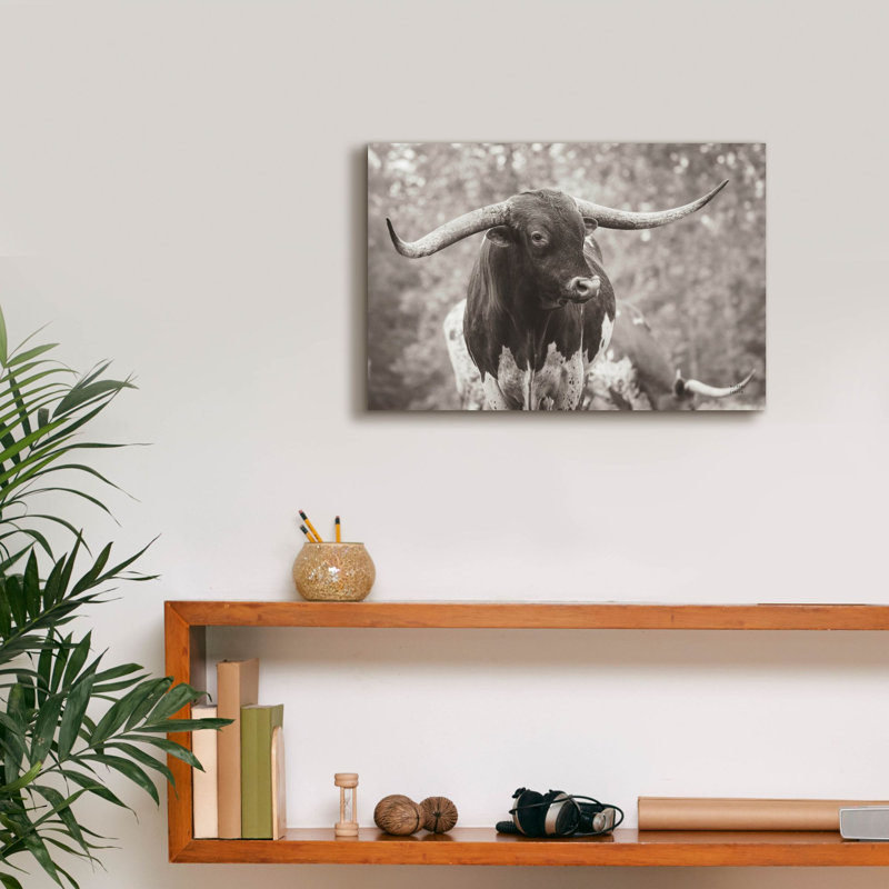 «Longhorn Gaze I Sepia» par Nathan Larson, art mural sur toile, H 12 po x l 18 po x P 0,75 po