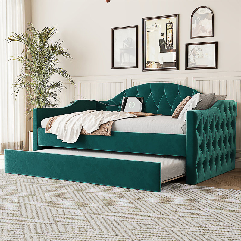 Lit de jour simple capitonné et rembourré avec couchette, canapé-lit en velours avec ports USB et ports de charge de type C