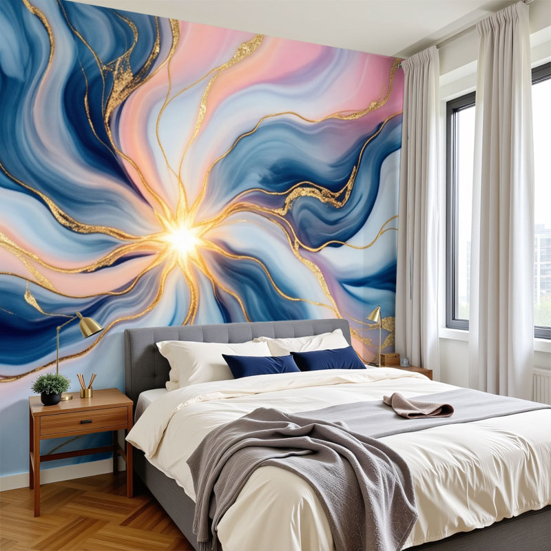 Papier peint adhésif auto-adhésif moderne pour la chambre à coucher avec des taches abstraites bleues et dorées L 144 po x l 100 po Peel and Stick