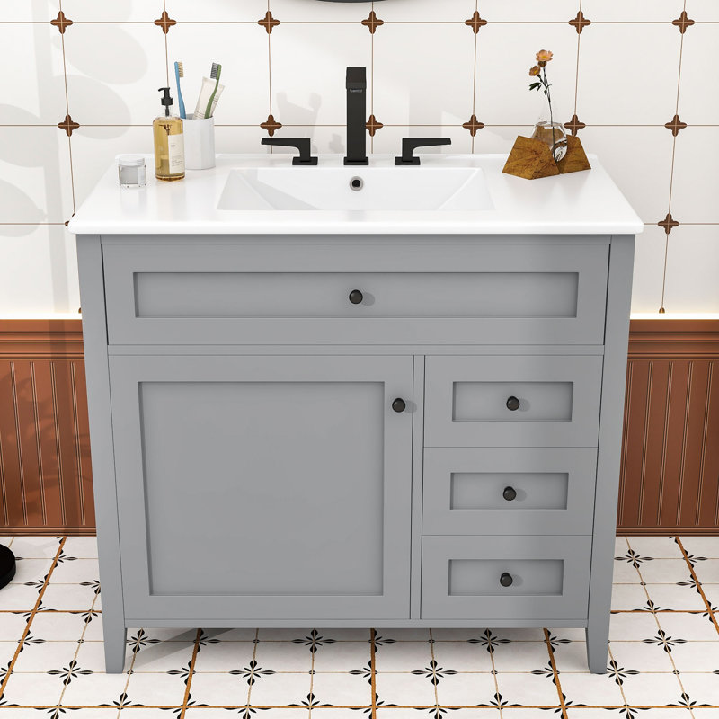 Meuble-lavabo autoportant moderne avec lavabo en céramique durable, tablette réglable et rangement spacieux, Grey