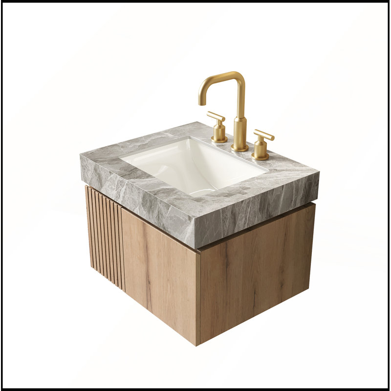 Meuble-lavabo flottant 24 po avec plateau en pierre frittée gris clair, lavabo en céramique et 3 trous de robinet pré-percés, finition grain de bois chêne blanc
