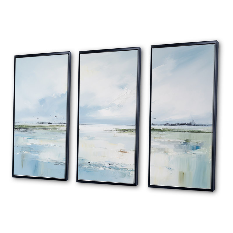 «Soft Color Beach Horizon - Coastal Minimalisme», ensemble d'art mural, Cadre flottant noir, H 40 po x l 60 po x P 1 po