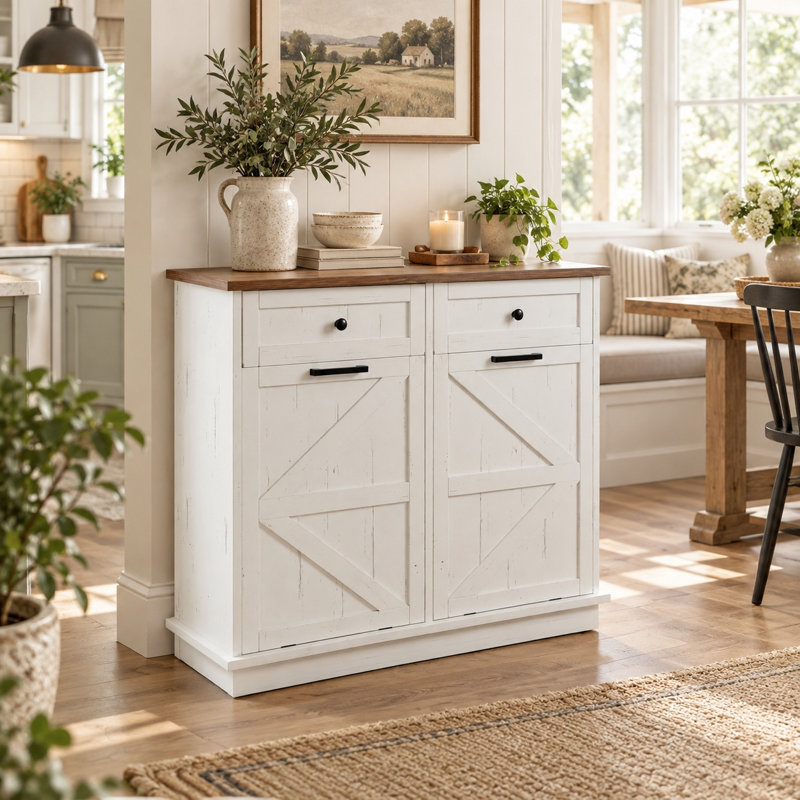Armoire à poubelle double basculante de 38 litres (10 gallons) pour cuisine, style ferme, blanche.