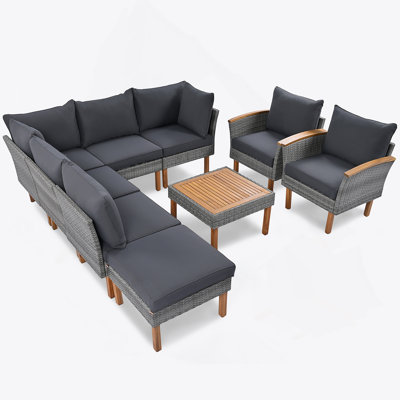 9-Piece PE Rattan Patio Conversation Set With Acacia Wood Legs, Tabletop And Washable Cushions