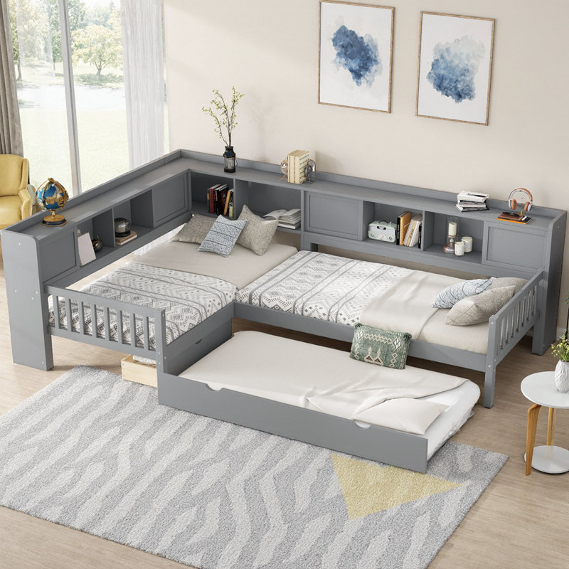 Lit plateforme simple en L avec lit gigogne et rangement, structure de lit d'angle en bois massif avec tiroirs et tablettes, lit simple peu encombrant, aucun sommier nécessaire