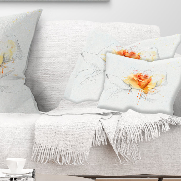 Croquis de rose jaune sur fond blanc - Coussin décoratif à imprimé floral