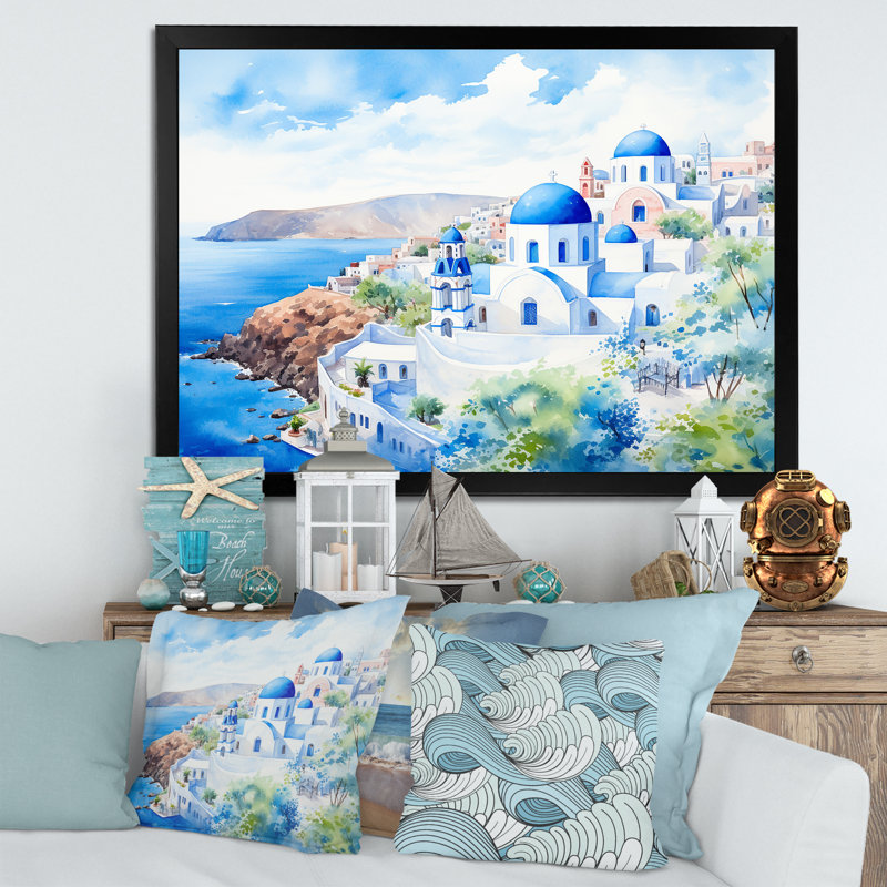 Grèce, vue sur la côte de Santorin II - Grèce, art mural, Cadre doré à coins fermés, H 30 po x l 40 po x P 1,5 po