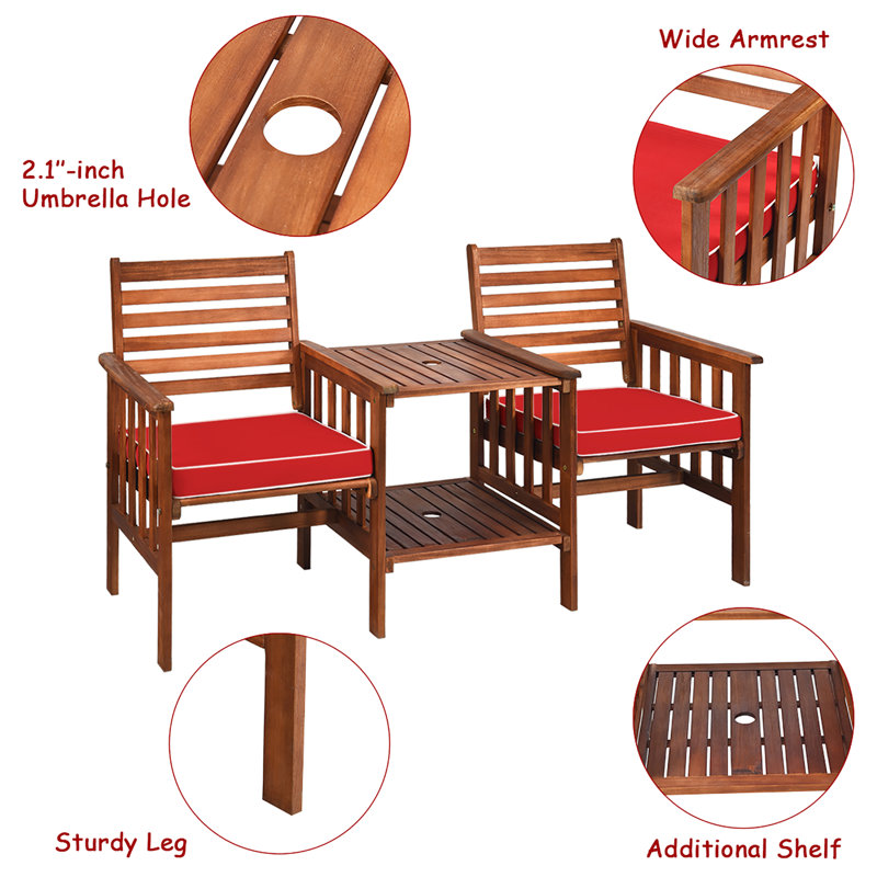 Ensemble de conversation de patio pour 2 personnes en bois d'acacia avec coussins, Rouge