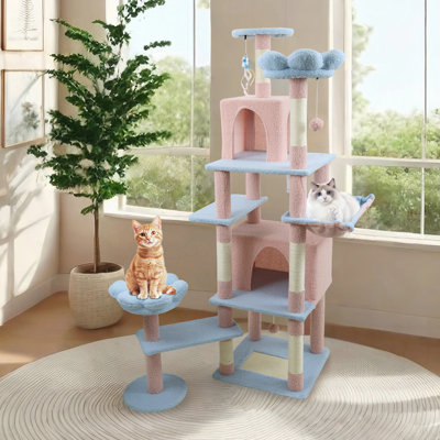 71 Inch Flower Cat Tree With Large Condo, Blue - Removable Flower Cushion And Hammock