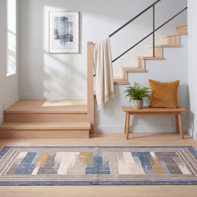 Tapis Orchard moderne à rayures effet pinceau, bleu, gris, or, crème, ivoire, lavable en machine, antidérapant, à poils courts, pour intérieur et extérieur, adapté aux animaux domestiques, salon, chambre, salle à manger, entrée, couloir, bureau