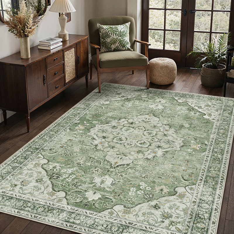 Tapis oriental lavable avec envers antidérapant Eleanor, Vert, Rectangle 9 pi x 12 pi