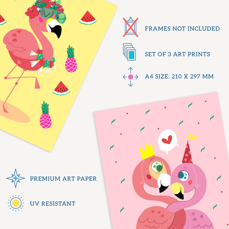 Kids Bedroom Nursery Cute Flamingo Bird Party Ballerina - 3 Piece No Frame Print Set, 29.7cm H x 21cm W x 0.4cm D