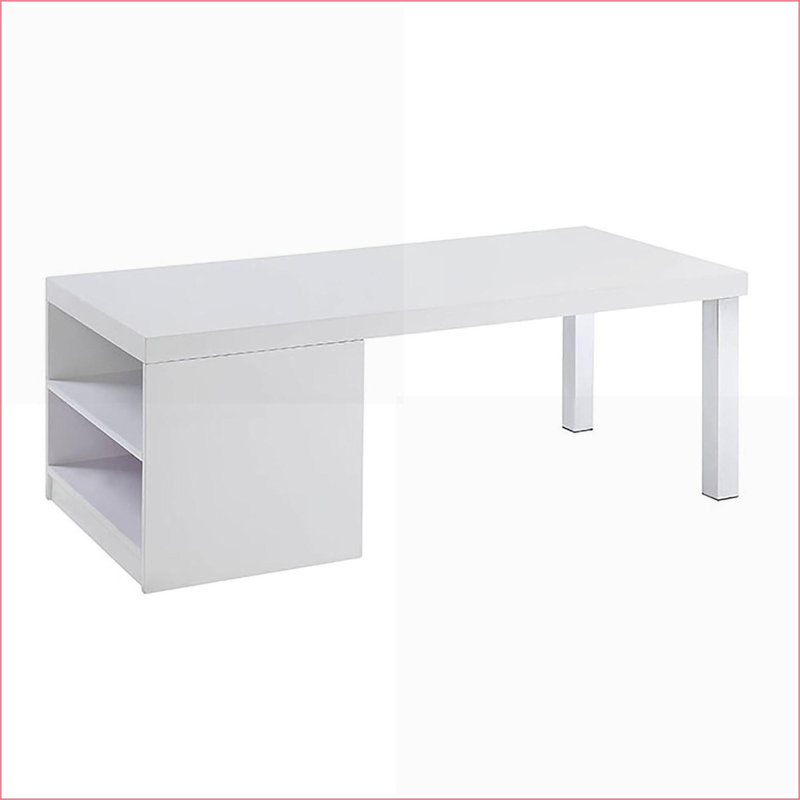 Table basse blanche ultrabrillante avec pieds chromés et rangement, peu encombrante pour le salon