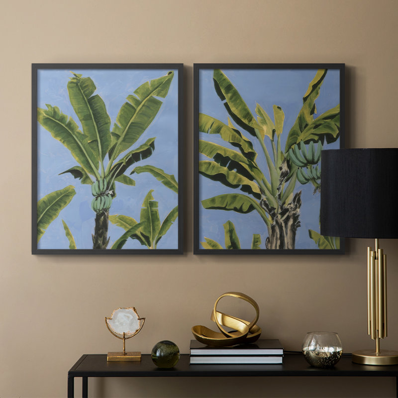 Reproduction encadrée de feuilles de bananier sur fond bleu I-Premium - prêt à être accroché - aucun clou requis - aucun clou requis