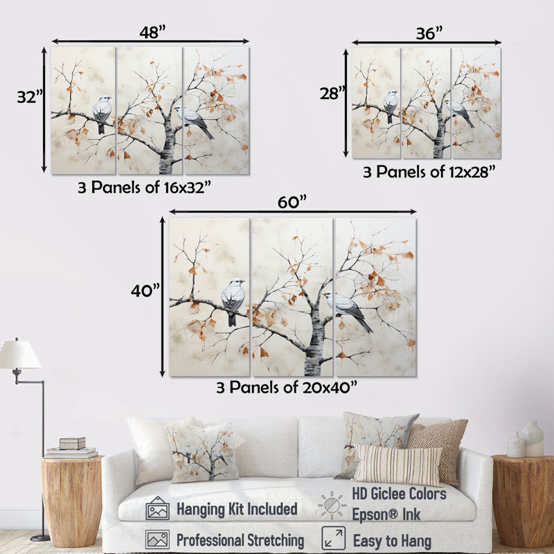 Minimalisme arbre bouleau avec oiseaux - ensemble d'art mural en toile arbre bouleau, H 28 po x l 36 po x P 1 po
