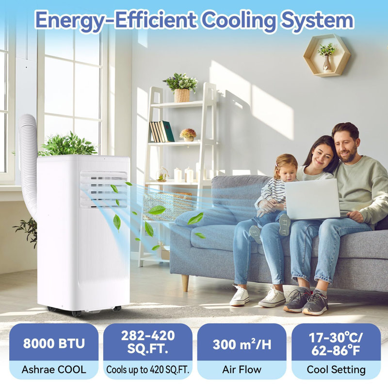 GarveeHome 8,000 BTU Portable Air Conditioner for 420 Sq.Ft Rooms - 3-in-1 Cooling w/ Dehumidifier, Fan, Sleep Mode & LED Display, Includes Window Kit & Remote Control (White/Gray)