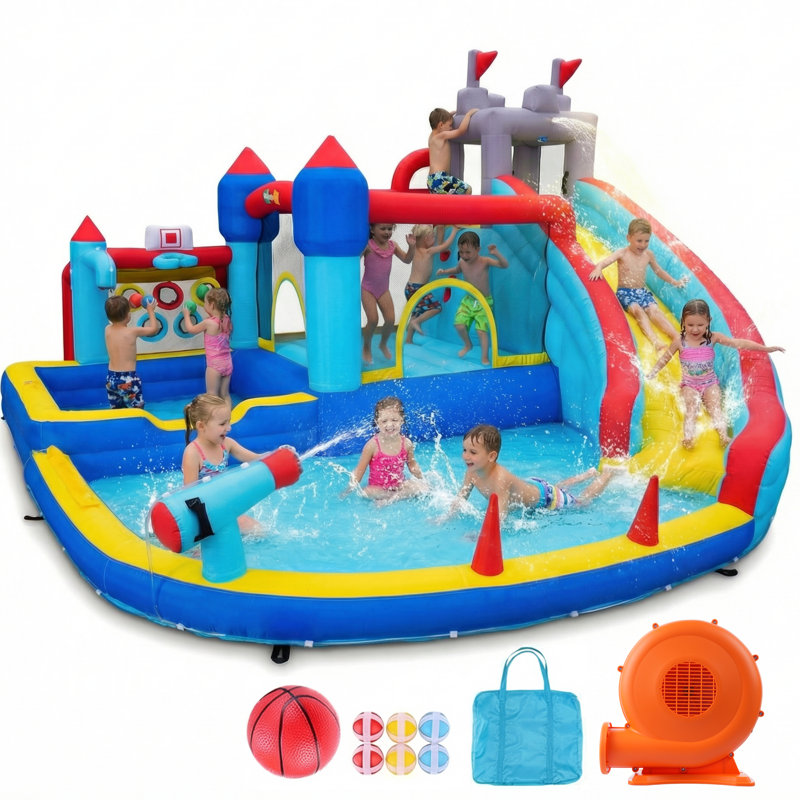 Château gonflable multifonctionnel avec parc aquatique et canons à eau