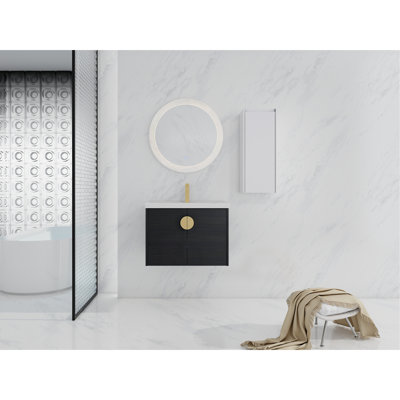 Bathroom Vanity With Ceramic Sink And Side Cabinet - Modern Style, Black Chestnut, Structure Unit & Organization