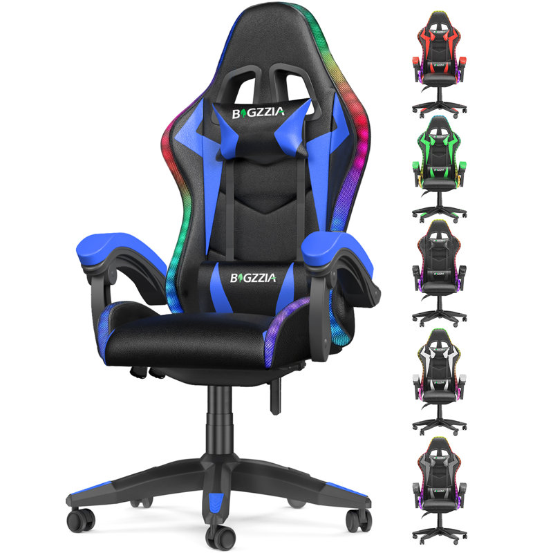 Reclining Gaming Chair with LED Lights and Headrest, Black/Blue