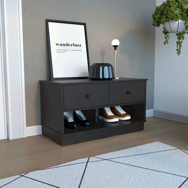 Uranus Storage Bench, Two Drawers, Two Open Shelves, Black, Black