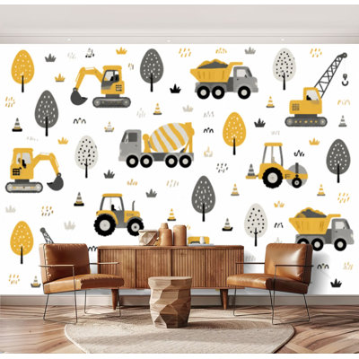 Papier peint auto-adhésif Les véhicules de construction dessinés à la main sans soudure ont un tracteur blanc Papier autocollant amovible pour décoration de salon Chambre à coucher H 69 po x l 96 po
