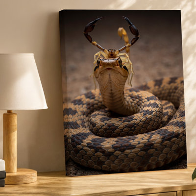 Toile, gros plan d'un serpent frappant avec un art mural lisse à motif de peau dans des tons terreux