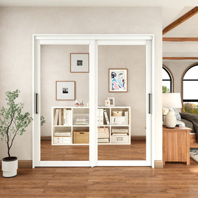 48“ x 80"H Full Length Mirrors Sliding Closet Door with Hardware Kit & Bow-shaped Handles , Finished Surface Ready for ues, For Pantry or Bedroom