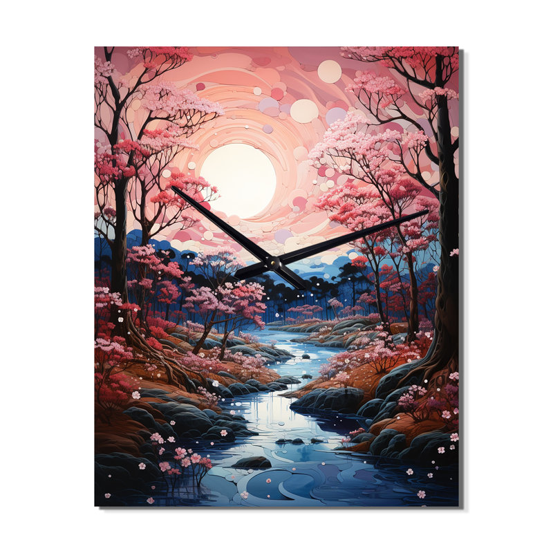 Horloge murale moderne Japon Art Cherry Blossom River II - Floral, H 32 po x l 16 po x P 1 po