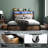 Bed Frame with 4 Storage Drawers and 2-tier Solid Wood Headboard Storage With Charging Station and LED Lights, Noise Free-1158615073