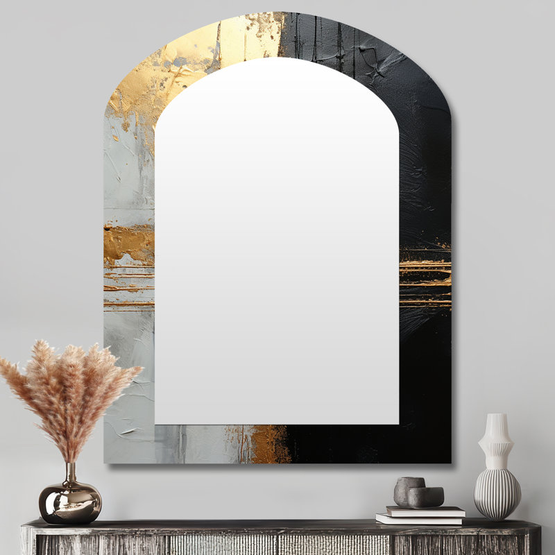 Black And Gold Abstract Meditation IV - Abstract Painting Asymmetrical Mirror, Beige Arch Unique Wall Mirror, Printed Metal Art