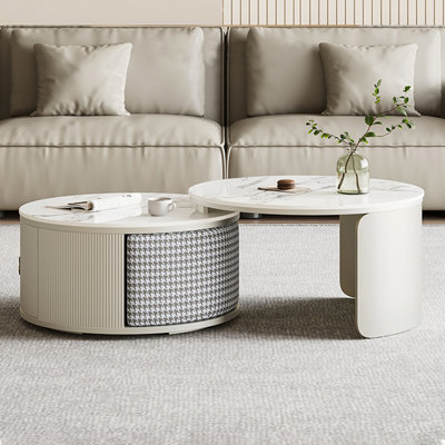Round Nesting Coffee Table Set With 2 Storable Stools, Sintered Stone Coffee Table