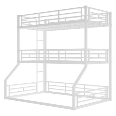 Twin over Twin over Full Bunk Bed, Metal Triple Bunk Bed with Safety Guardrails, Heavy-duty Bunk Bed with Noise-reduced Design, White