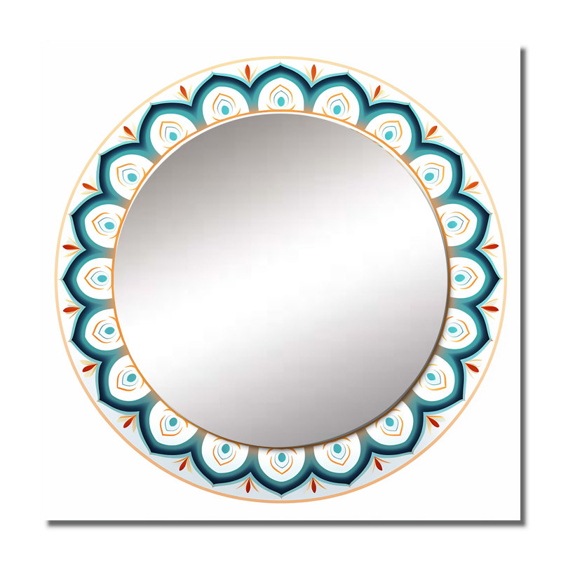 Exquis mandala en rétro bleu et orange I - miroir carré mandala boho pour décoration murale, 23 po x 23 po