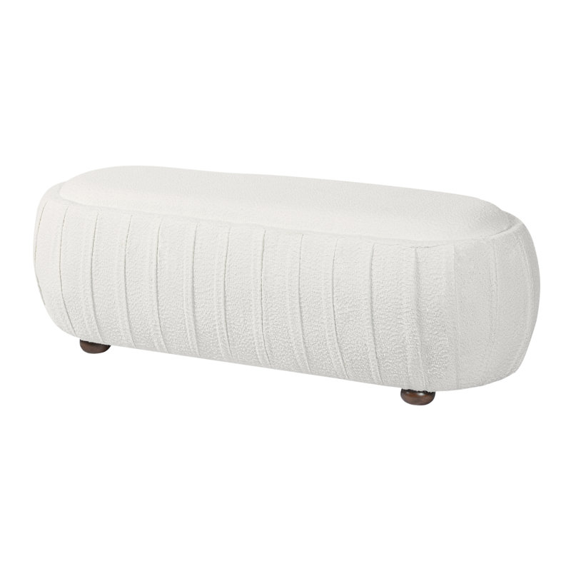 Mokade Modern Minimalist Boucle Oval Upholstered Ottoman with Rubberwood Legs, White Boucle