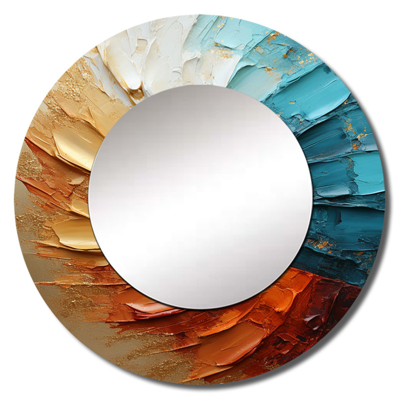 «Sayden Gold Blue Desert Mirage Spiral», grand miroir mural à spirales abstraites, miroir rond doré unique, impression sur métal
