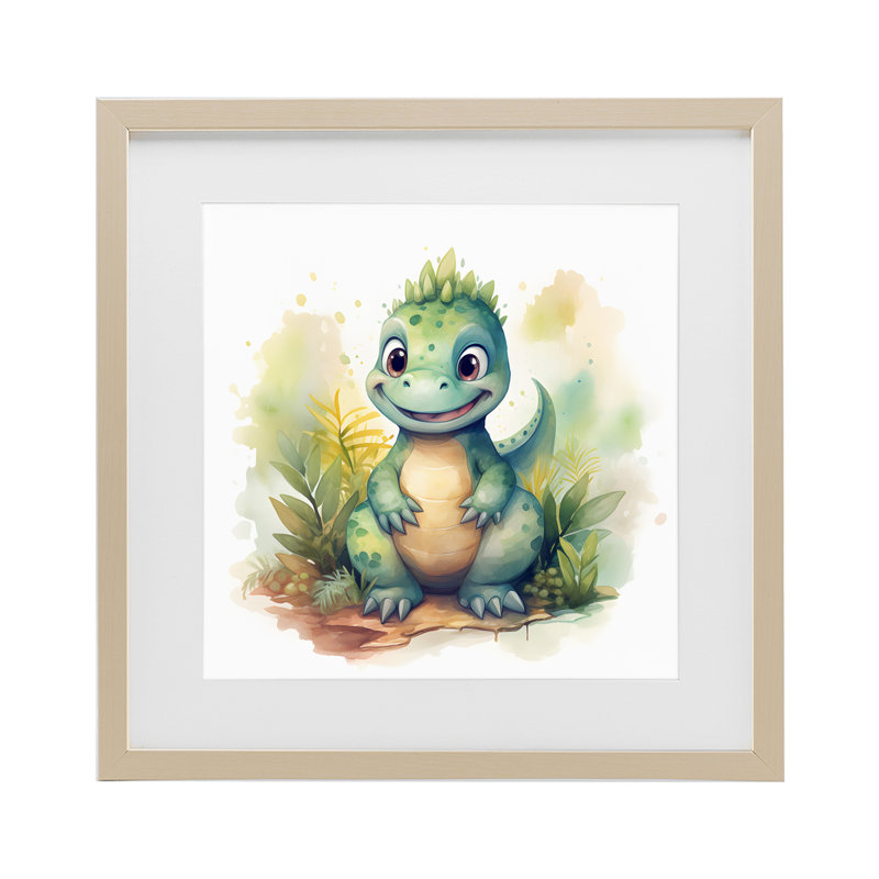 Reproduction sous verre encadrée d'un dinosaure souriant Crafty, design par Steve Hunziker, H 16 po x l 16 po