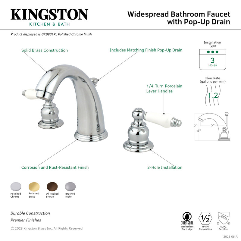 Kingston Brass English Country Two-Handle 3-Hole Deck Mount Widespread Bathroom Faucet with Retail Pop-Up Drain