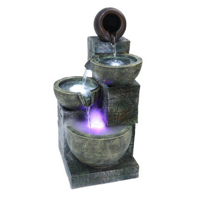Fontaine de jardin d'extérieur à 4 niveaux Bannack de 23,6 po, bols en cascade et pierres empilées, fontaine d'extérieur avec lumière DEL et atomiseur