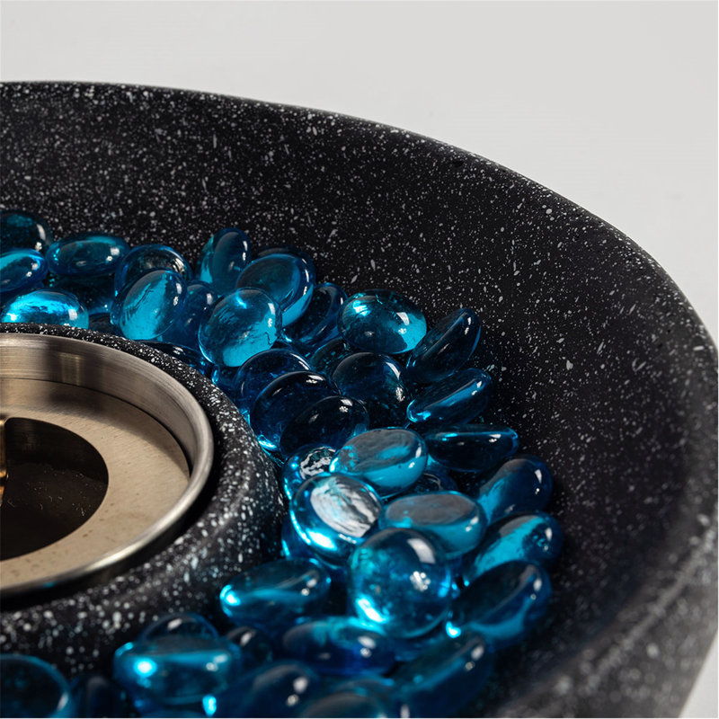Black Concrete Tabletop Fire Pit with Blue Glass Beads