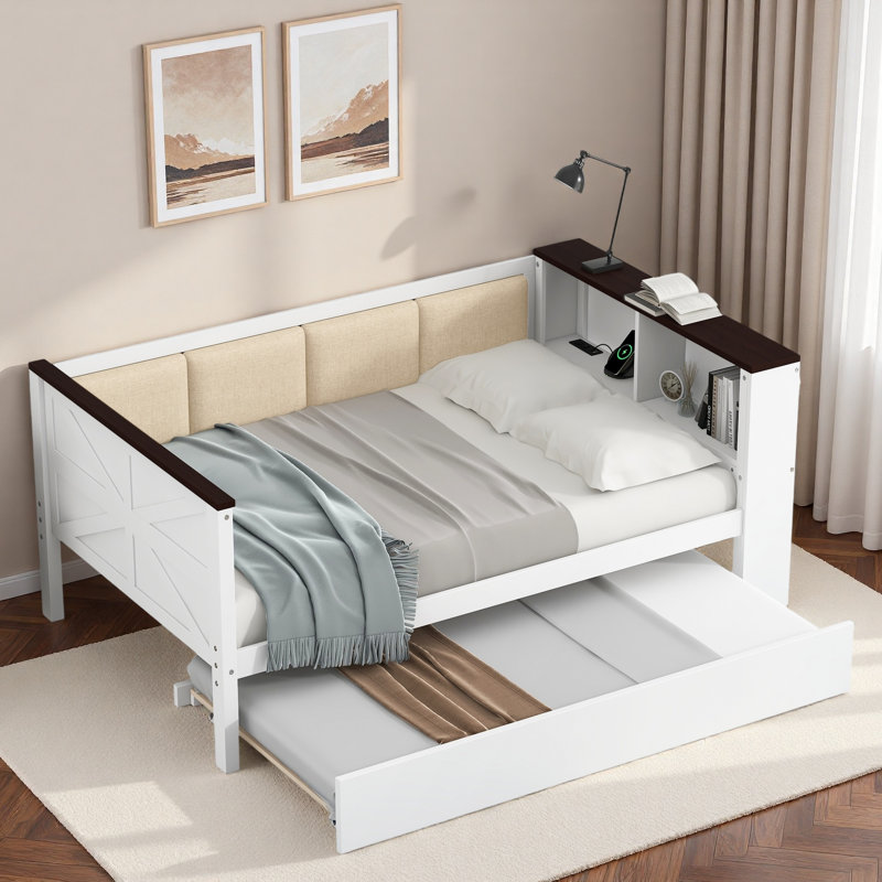Wood Daybed With Storage Shelves, Upholstered Backrest And Usb, Twin