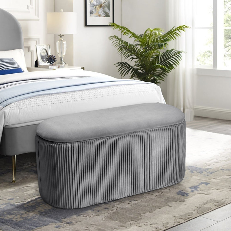 Maliyah 78cm Wide Velvet Oval Solid Colour Standard Ottoman with Storage, Grey