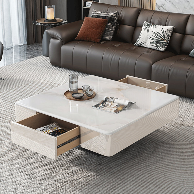 Table basse italienne en pierre carrée micro-cristalline, H 16,5 po x L 31,5 po x l 31,5 po, Blanc