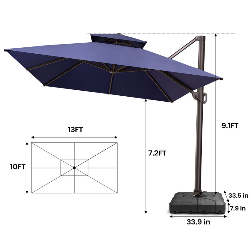 Parasol en porte-à-faux rectangulaire 10 'X 13' avec lève-manivelle, contrepoids inclus, Marine