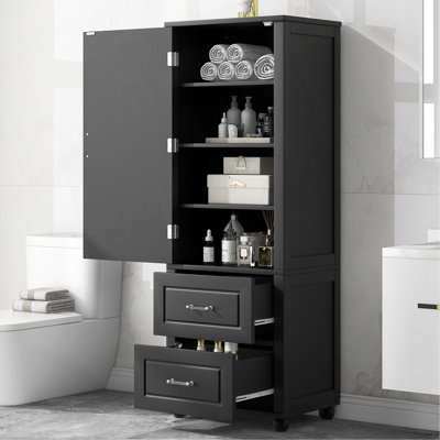 Tall Bathroom Storage Cabinet, Freestanding Storage Cabinet With Two Drawers And Adjustable Shelf, MDF Board With Painted Finish