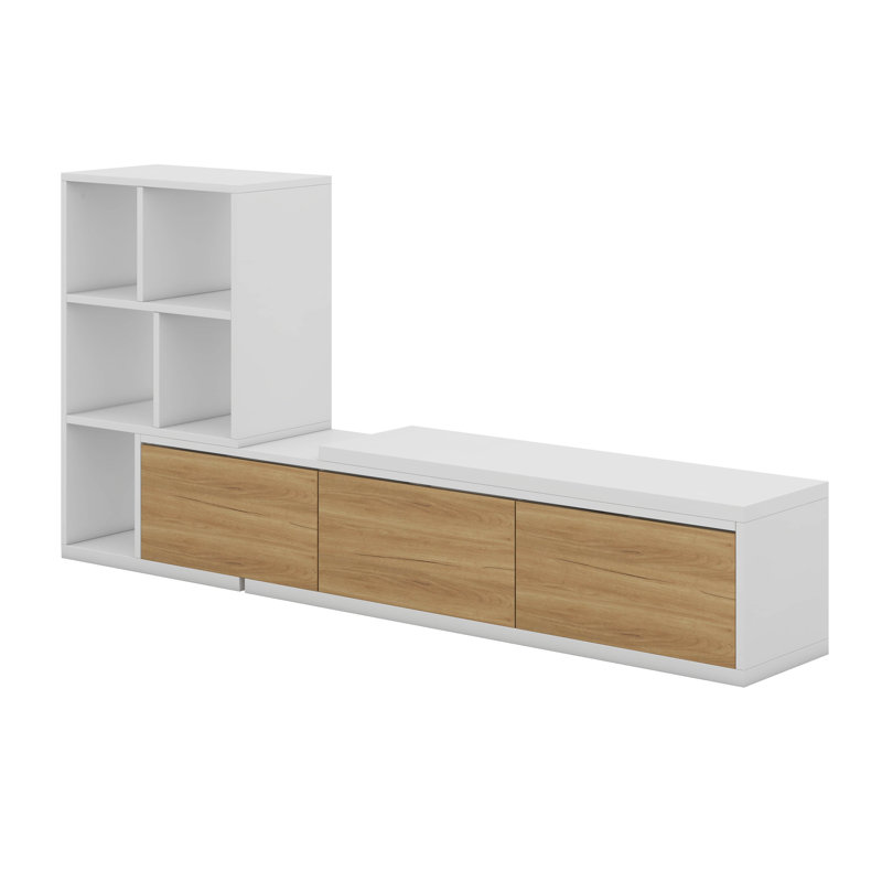 Meuble télé extensible avec bibliothèques à 3 niveaux, armoires de rangement, console multimédia de table coulissante, Blanc