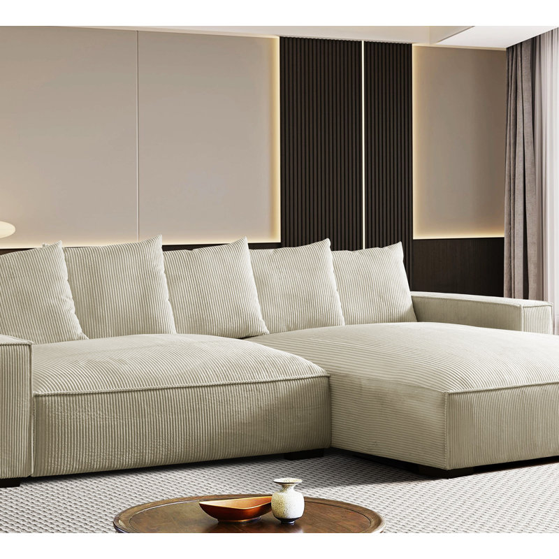 Canapé modulaire en L avec siège rembourré en plumes et revêtement en velours côtelé, Velours côtelé ivoire
